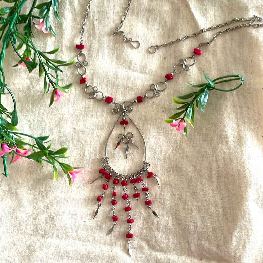 Vintage Handcrafted Silver Red Bead Fringe Statement Necklace